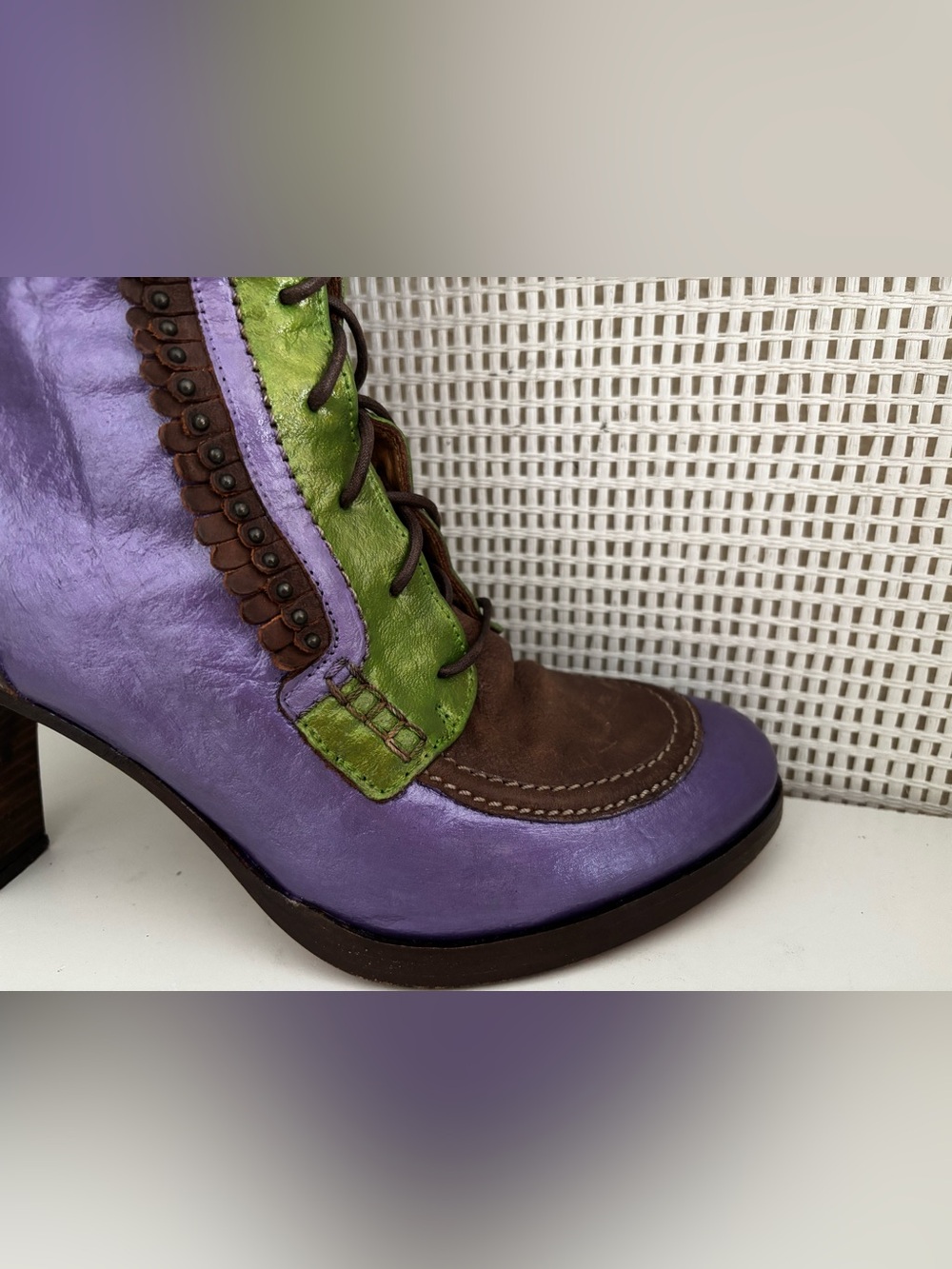 Custom FRYE Purple, Green & Brown Lace-Up Fringe Leather Boots - Picture 5 of 13